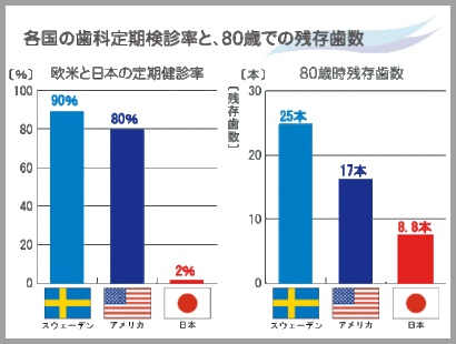 各国の定期検診率と残存歯数